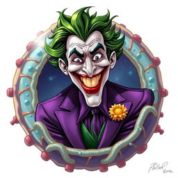 An imaginative illustration featuring the Joker, embodying his signature green hair and purple suit, prominently integrated within a detailed depiction of a cell membrane