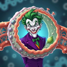 An imaginative illustration featuring the Joker, embodying his signature green hair and purple suit, prominently integrated within a detailed depiction of a cell membrane