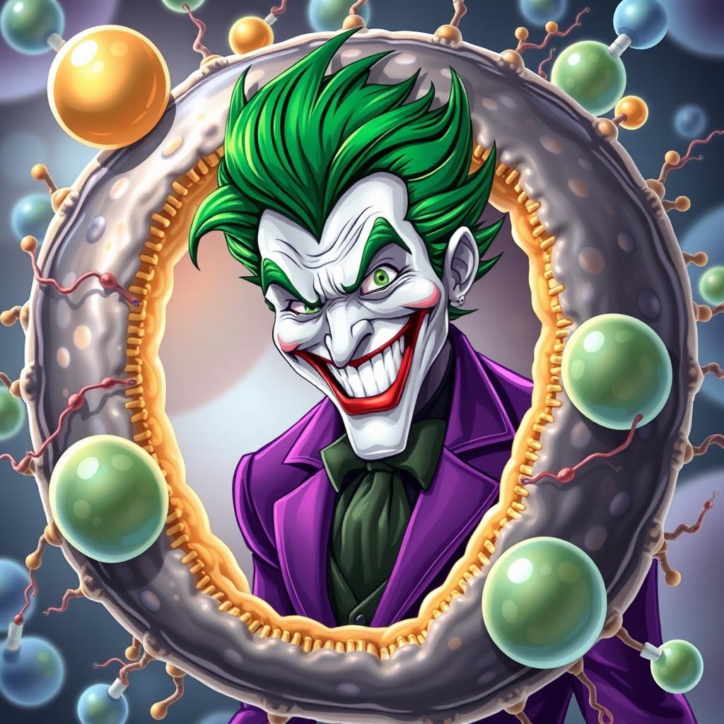 An imaginative illustration featuring the Joker, embodying his signature green hair and purple suit, prominently integrated within a detailed depiction of a cell membrane