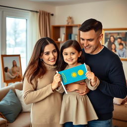 A touching scene featuring a Russian couple, a woman with long brown hair and a man with short black hair, joyfully welcoming a young girl from Kazakhstan into their family