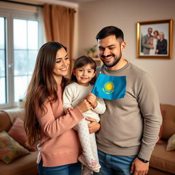 A touching scene featuring a Russian couple, a woman with long brown hair and a man with short black hair, joyfully welcoming a young girl from Kazakhstan into their family