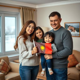 A touching scene featuring a Russian couple, a woman with long brown hair and a man with short black hair, joyfully welcoming a young girl from Kazakhstan into their family