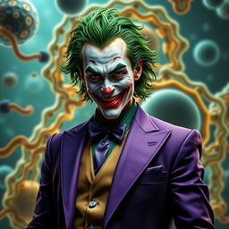 A hyper-realistic depiction of the Joker, showcasing his iconic green hair and flamboyant purple suit, integrated with an ultra-detailed cell membrane