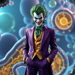 A hyper-realistic depiction of the Joker, showcasing his iconic green hair and flamboyant purple suit, integrated with an ultra-detailed cell membrane