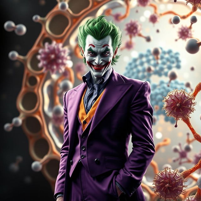 A hyper-realistic depiction of the Joker, showcasing his iconic green hair and flamboyant purple suit, integrated with an ultra-detailed cell membrane