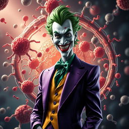 A hyper-realistic depiction of the Joker, showcasing his iconic green hair and flamboyant purple suit, integrated with an ultra-detailed cell membrane