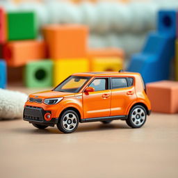 A miniature die-cast model car of a Kia Soul in vibrant orange, designed in the style of a Matchbox toy