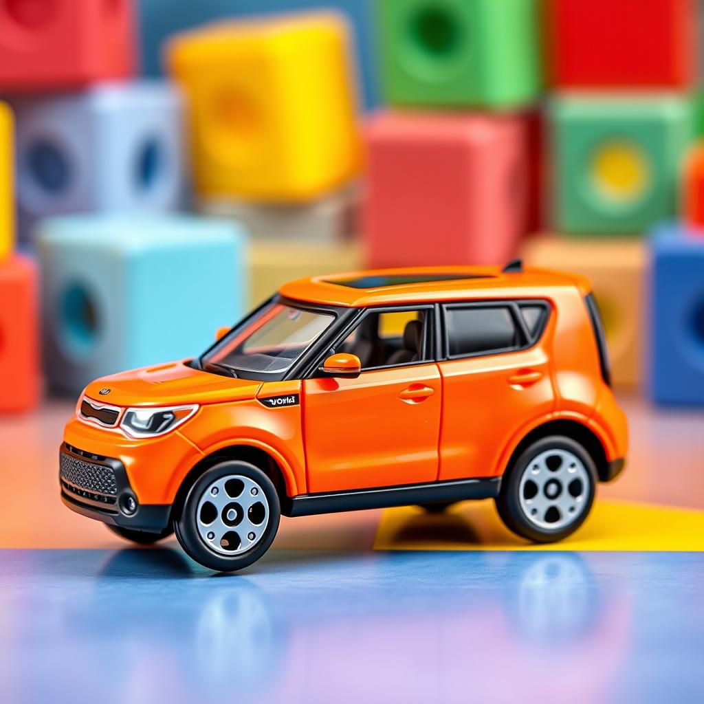 A miniature die-cast model car of a Kia Soul in vibrant orange, designed in the style of a Matchbox toy