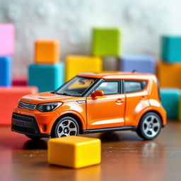 A miniature die-cast model car of a Kia Soul in vibrant orange, designed in the style of a Matchbox toy