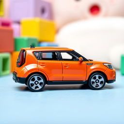 A miniature die-cast model car of a Kia Soul in vibrant orange, designed in the style of a Matchbox toy