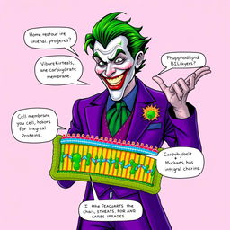 An imaginative illustration depicting the Joker, showcasing his iconic green hair and flamboyant purple suit, as he animatedly explains the structure of a cell membrane