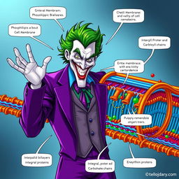 An imaginative illustration depicting the Joker, showcasing his iconic green hair and flamboyant purple suit, as he animatedly explains the structure of a cell membrane