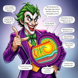 An imaginative illustration depicting the Joker, showcasing his iconic green hair and flamboyant purple suit, as he animatedly explains the structure of a cell membrane