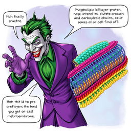 An imaginative illustration depicting the Joker, showcasing his iconic green hair and flamboyant purple suit, as he animatedly explains the structure of a cell membrane