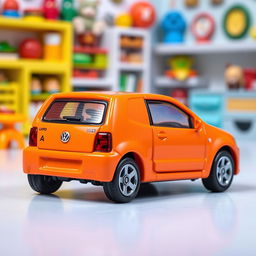 A vibrant orange miniature die-cast model car of a Volkswagen Lupo, designed in the style of a Matchbox toy