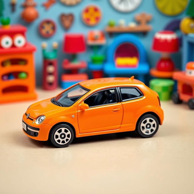 A vibrant orange miniature die-cast model car of a Volkswagen Lupo, designed in the style of a Matchbox toy