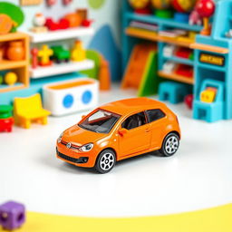 A vibrant orange miniature die-cast model car of a Volkswagen Lupo, designed in the style of a Matchbox toy