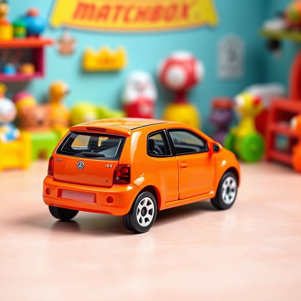 A vibrant orange miniature die-cast model car of a Volkswagen Lupo, designed in the style of a Matchbox toy