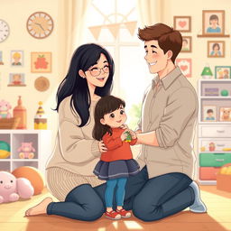 A heartwarming illustration capturing a woman and a man united in the joyful moment of adopting a child from Kazakhstan