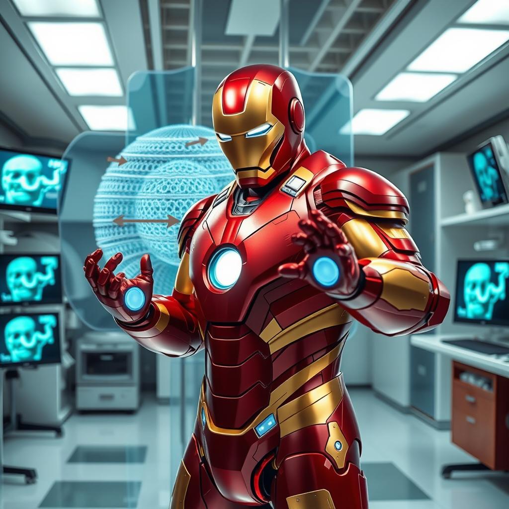 Iron Man, in his iconic red and gold armor, is depicted in a modern scientific laboratory, illustrating the concept of passive transport across a cellular membrane