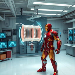 Iron Man, in his iconic red and gold armor, is depicted in a modern scientific laboratory, illustrating the concept of passive transport across a cellular membrane