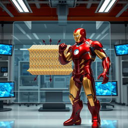 Iron Man, in his iconic red and gold armor, is depicted in a modern scientific laboratory, illustrating the concept of passive transport across a cellular membrane