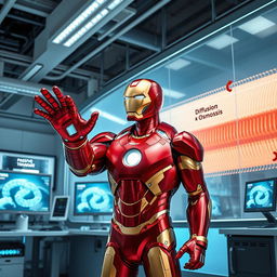 Iron Man, in his iconic red and gold armor, is depicted in a modern scientific laboratory, illustrating the concept of passive transport across a cellular membrane