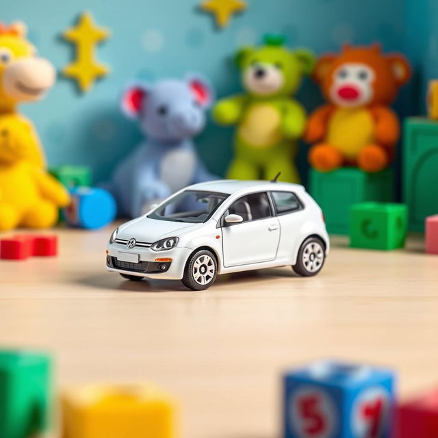 A miniature die-cast model car of a Volkswagen Lupo in vibrant white, designed in the style of a Matchbox toy