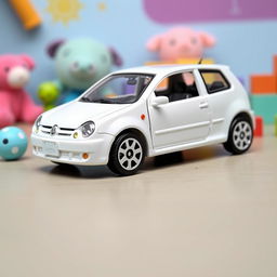 A miniature die-cast model car of a Volkswagen Lupo in vibrant white, designed in the style of a Matchbox toy