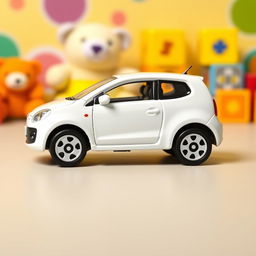 A miniature die-cast model car of a Volkswagen Lupo in vibrant white, designed in the style of a Matchbox toy