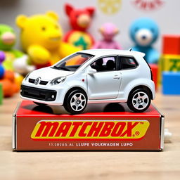 A miniature die-cast model car of a Volkswagen Lupo in vibrant white, designed in the style of a Matchbox toy