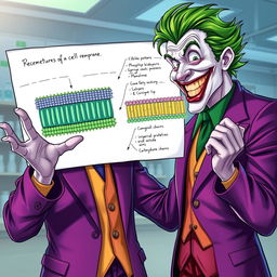 A realistic and immersive illustration of the Joker, characterized by his wild green hair and flamboyant purple suit, as he enthusiastically explains the structure of a cell membrane