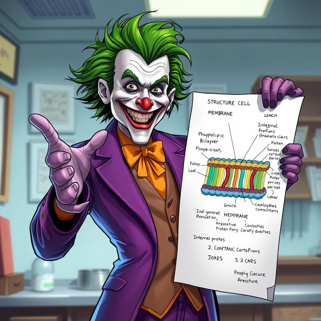 A realistic and immersive illustration of the Joker, characterized by his wild green hair and flamboyant purple suit, as he enthusiastically explains the structure of a cell membrane