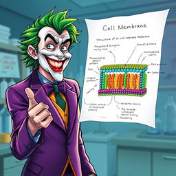 A realistic and immersive illustration of the Joker, characterized by his wild green hair and flamboyant purple suit, as he enthusiastically explains the structure of a cell membrane