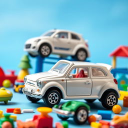 A vibrant blue sky background featuring a miniature die-cast model car of a Fiat Bruno, designed in the style of a Matchbox toy