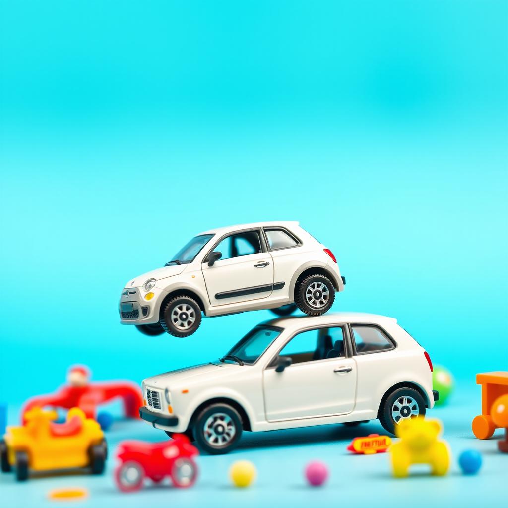 A vibrant blue sky background featuring a miniature die-cast model car of a Fiat Bruno, designed in the style of a Matchbox toy