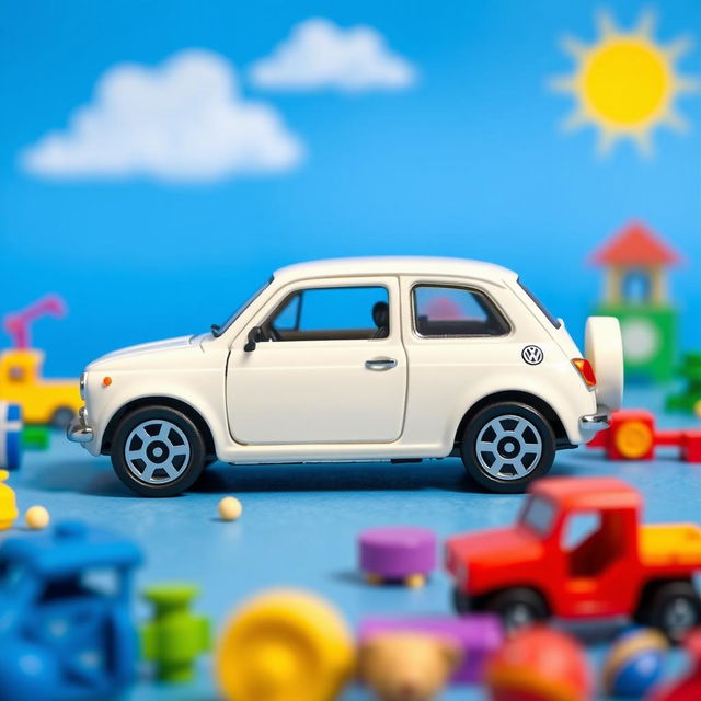 A vibrant blue sky background featuring a miniature die-cast model car of a Fiat Bruno, designed in the style of a Matchbox toy