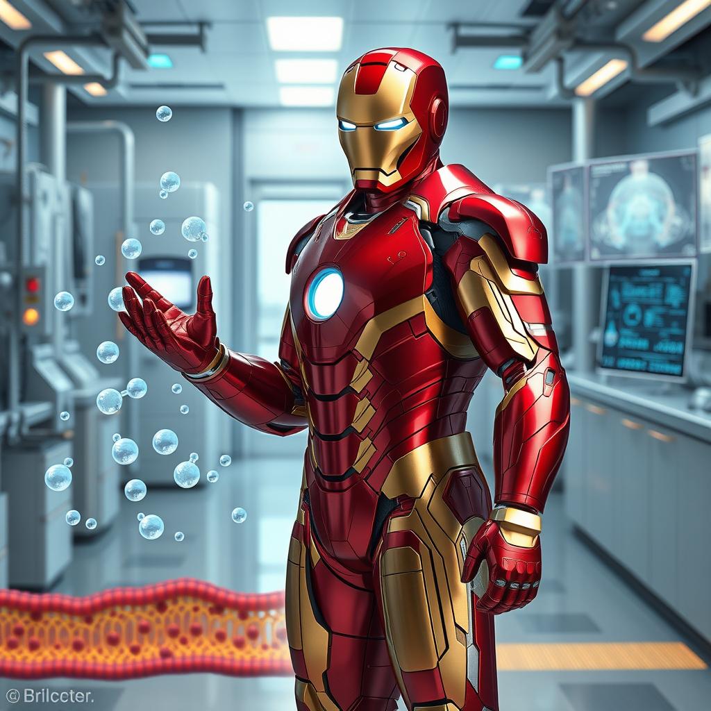 Iron Man, in his sleek red and gold armor, stands confidently in a high-tech laboratory, visually demonstrating the process of osmosis across a cellular membrane