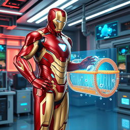 Iron Man, in his sleek red and gold armor, stands confidently in a high-tech laboratory, visually demonstrating the process of osmosis across a cellular membrane