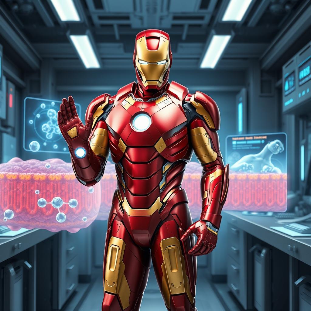 Iron Man, in his sleek red and gold armor, stands confidently in a high-tech laboratory, visually demonstrating the process of osmosis across a cellular membrane