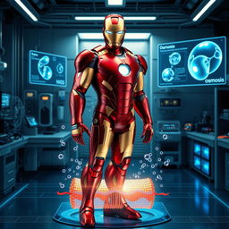 Iron Man, in his sleek red and gold armor, stands confidently in a high-tech laboratory, visually demonstrating the process of osmosis across a cellular membrane