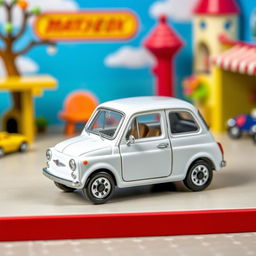 A miniature die-cast model car of a Fiat Bruno in vibrant blue sky, designed in the style of a Matchbox toy