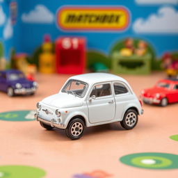 A miniature die-cast model car of a Fiat Bruno in vibrant blue sky, designed in the style of a Matchbox toy