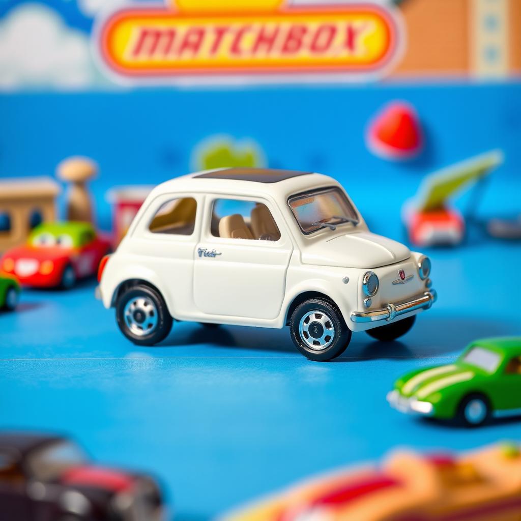 A miniature die-cast model car of a Fiat Bruno in vibrant blue sky, designed in the style of a Matchbox toy