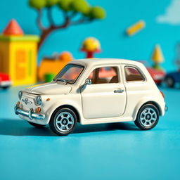 A miniature die-cast model car of a Fiat Bruno in vibrant blue sky, designed in the style of a Matchbox toy