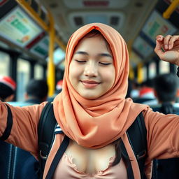 A beautiful 19-year-old Chinese girl sitting on a bus in a peach hijab