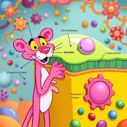 A whimsical representation of a cell membrane composition featuring the Pink Panther