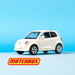 A miniature die-cast model car of a BYD Dolphin Mini in vibrant blue sky, designed in the style of a Matchbox toy