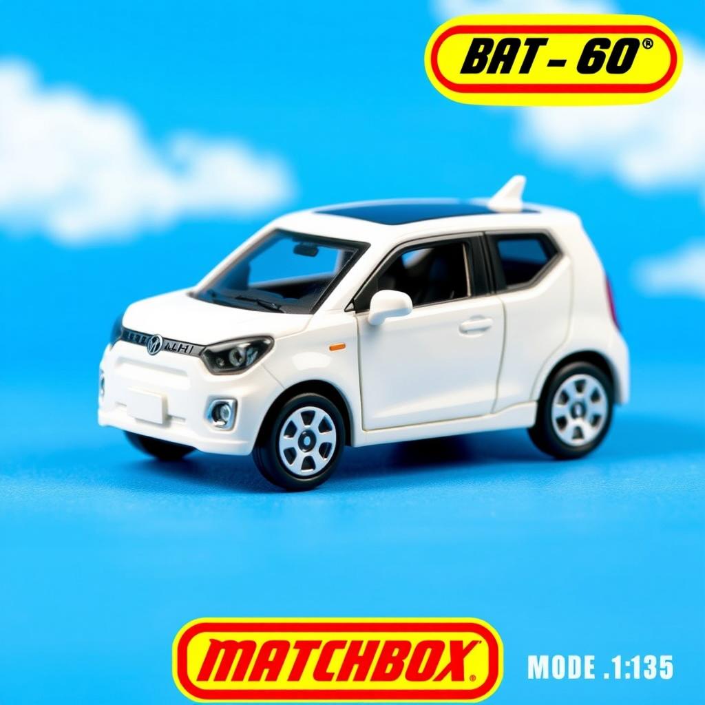 A miniature die-cast model car of a BYD Dolphin Mini in vibrant blue sky, designed in the style of a Matchbox toy