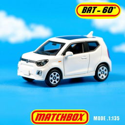 A miniature die-cast model car of a BYD Dolphin Mini in vibrant blue sky, designed in the style of a Matchbox toy